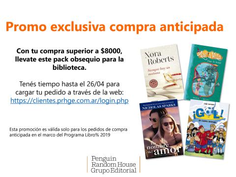 Con tu compra superior a $8000, llevate un pack obsequio para la biblioteca. Tenés tiempo hasta el 26/04 para cargar tu pedido a través de la web: https://clientes.prhge.com.ar/login.php