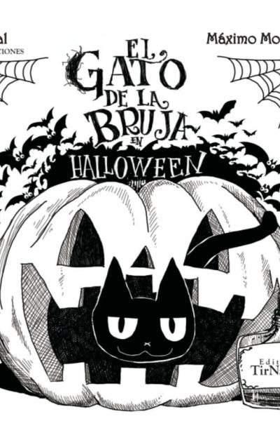 Una calabaza tallada con la cara de halloween con el gato negro de la bruja asomando por la boca y parte de la cola asomando por uno de los ojos. Detrás de la calabaza salen murciélagos