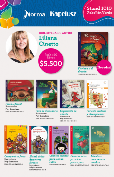 Liliana Cinetto bestseller infantil y juvenil. Pack por 10 libros para todos los niveles desde inicial a secundaria. Incluye la novedad Floriana y el dragón (colección Buenas Noches).