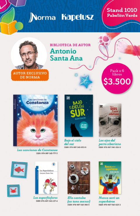 Pack x 6 libros desde nivel inicial a secundaria del autor de Los ojos de perro siberiano, Antonio Santa Ana. Autor exclusivo de Norma.