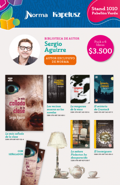Biblioteca de autor x6 libros del bestseller Sergio Aguirre (La señora Pinkerton ha desaparecido) Premio Nacional de Literatura Juvenil. Incluye la novedad "La más callada de la clase" (Zona Libre) Compras anticipadas conabip@editorialnorma.com