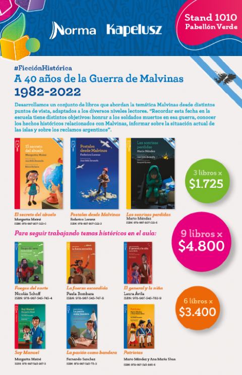 Importante colección de ficción histórica sobre personajes y hechos relevantes de nuestra Argentina. Grandes autores de la literatura infantil y juvenil. Pack por 3, 6 o 9 libros. Margarita Mainé, Mario Méndez, Federico Lorenz (Nuestras Malvinas), Juana Azurduy (Paula Bombara), Güemes por Nicolás Shuff; Belgrano por Mario Méndez, Margarita Mainé, Fernando Sanchez, Ana María Shua y San Martín por Laura Avila. Compras anticipadas conabip@edicionesnorma.com Géneros: Novela, Cuentos, No ficción