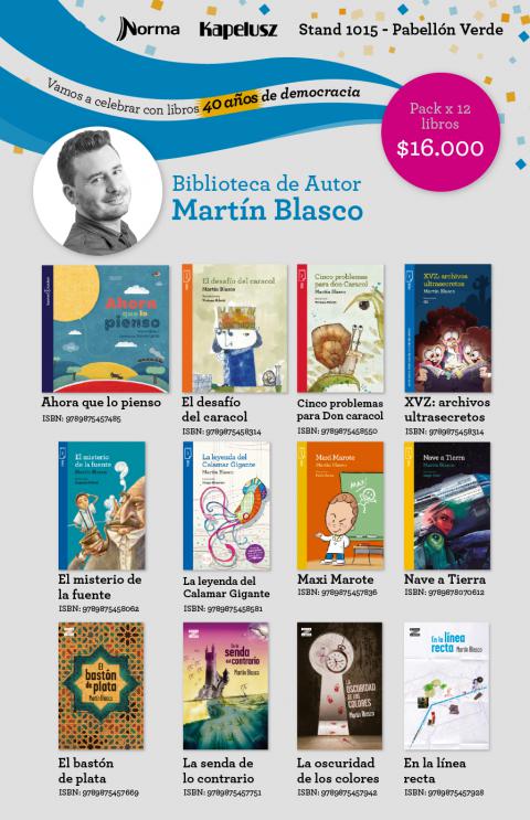 Un pack de 16 libros del bestseller MARTIN BLASCO que incluye edades desde prelectores "Ahora que lo pienso" (colección Buenas Noches) hasta sus bestsellers "La oscuridad de los colores" y "En la senda del contrario" Premio Nacional de Literatura.