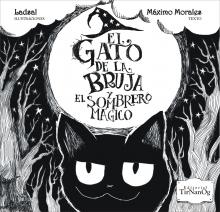 Gato sonriendo en un bosque nocturno, en la luna llena está el título del libro con un dibujo de un sombrero