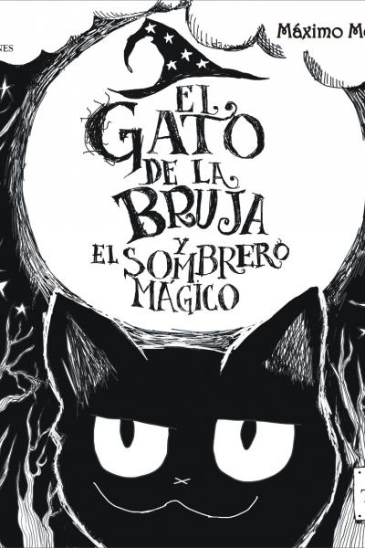 Gato sonriendo en un bosque nocturno, en la luna llena está el título del libro con un dibujo de un sombrero