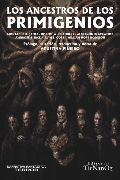 Tres hileras de personajes extraños. Arriba un ser con tentáculos, en la segunda línea cuatro figuras monstruosas y en la última siete, el del medio sostiene un libro.